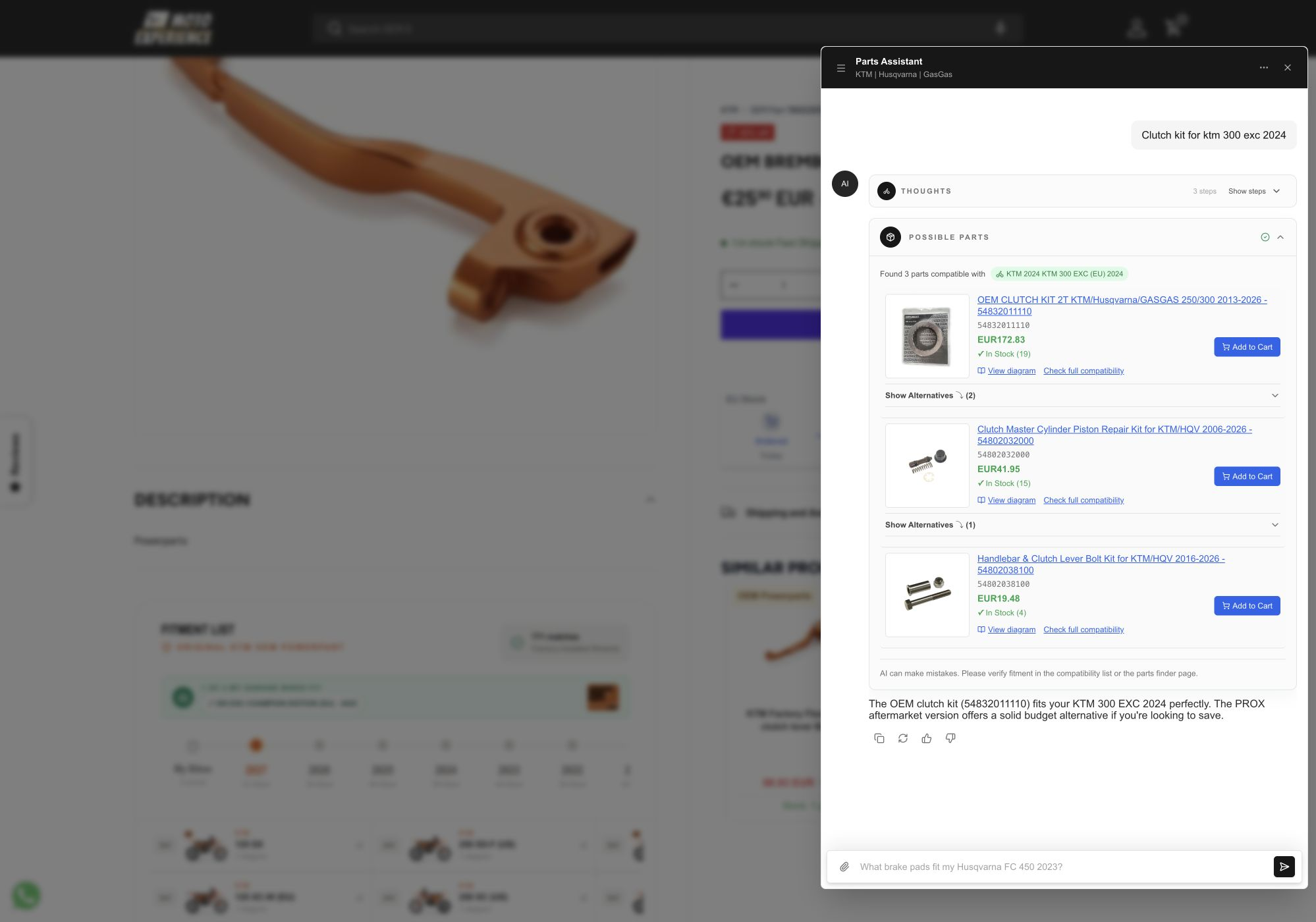 AI parts assistant answering a real clutch kit request for a 2024 KTM 300 EXC with matched products, live stock, fitment links, and cart actions