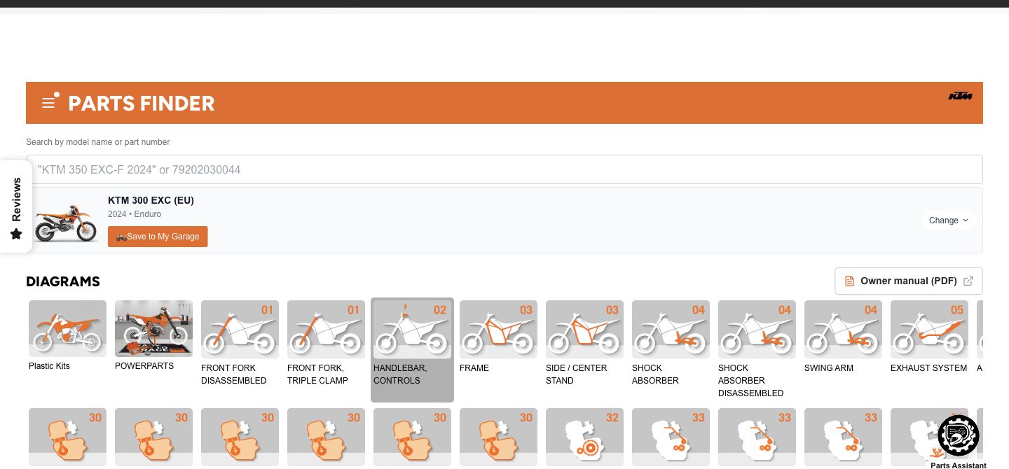 Real Parts Finder screen with a selected KTM model and matching diagram categories
