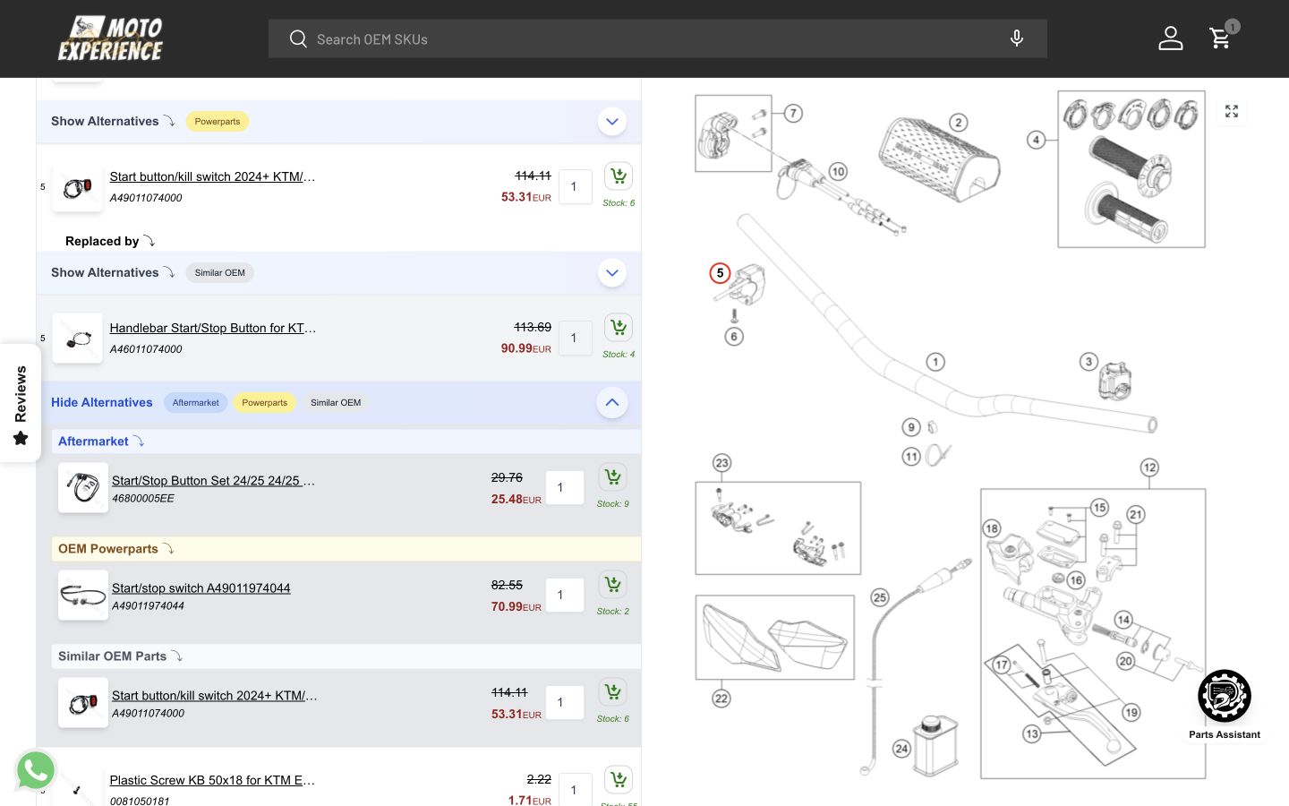 Parts diagram product list showing alternative and replacement product merchandising