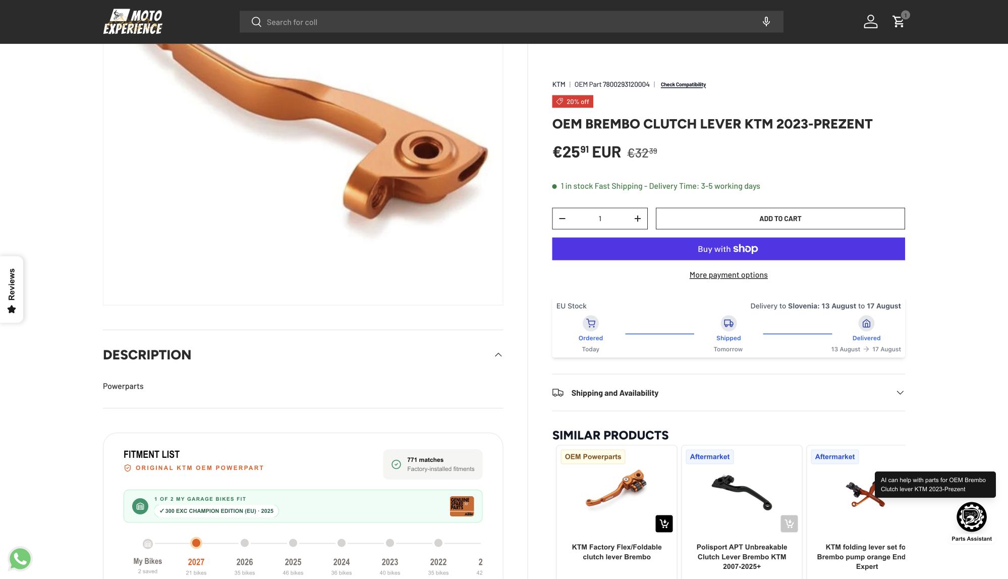 Product page with stock, delivery, add-to-cart, fitment, and recommendation sections