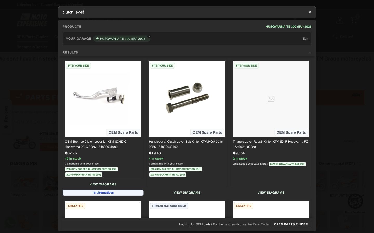 Smart Search overlay showing results for a clutch lever query