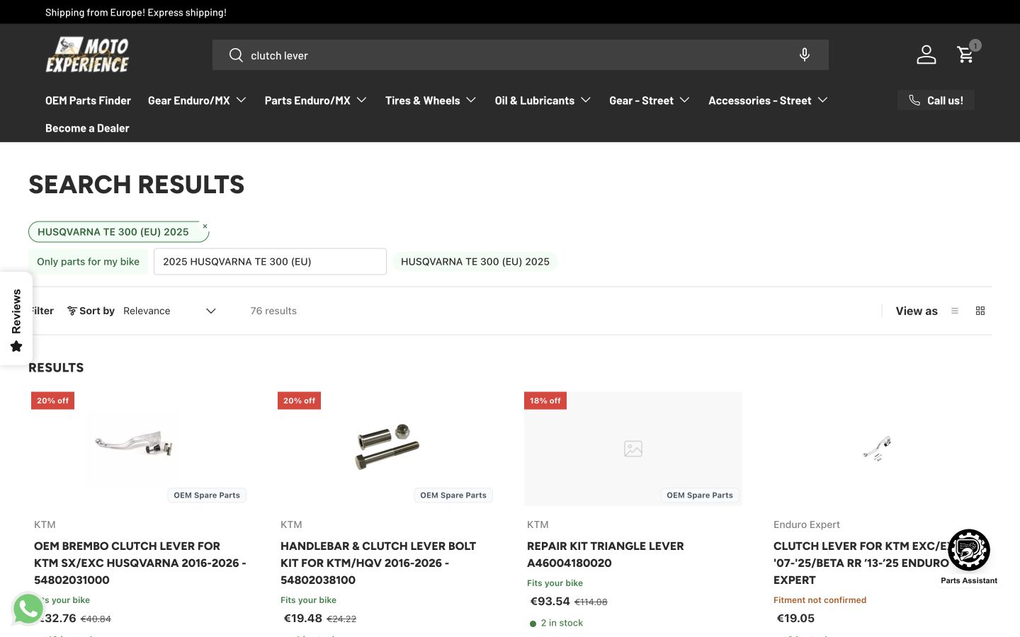 Full Smart Search results page with motorcycle context, filters, and product cards