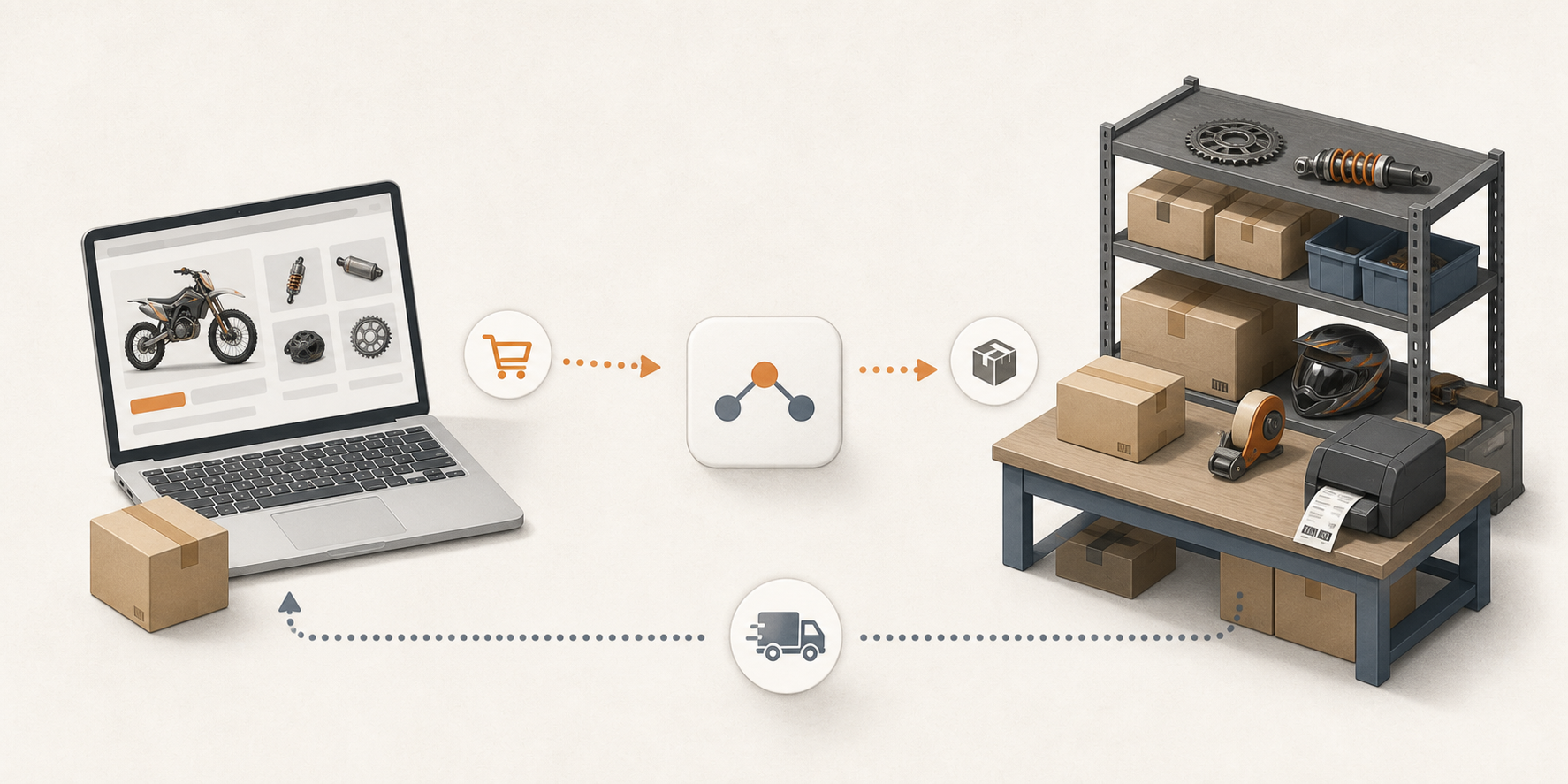 Grounded editorial illustration of a web order moving from a motorcycle-parts storefront to a dealer packing workspace, with shipment status returning to the storefront