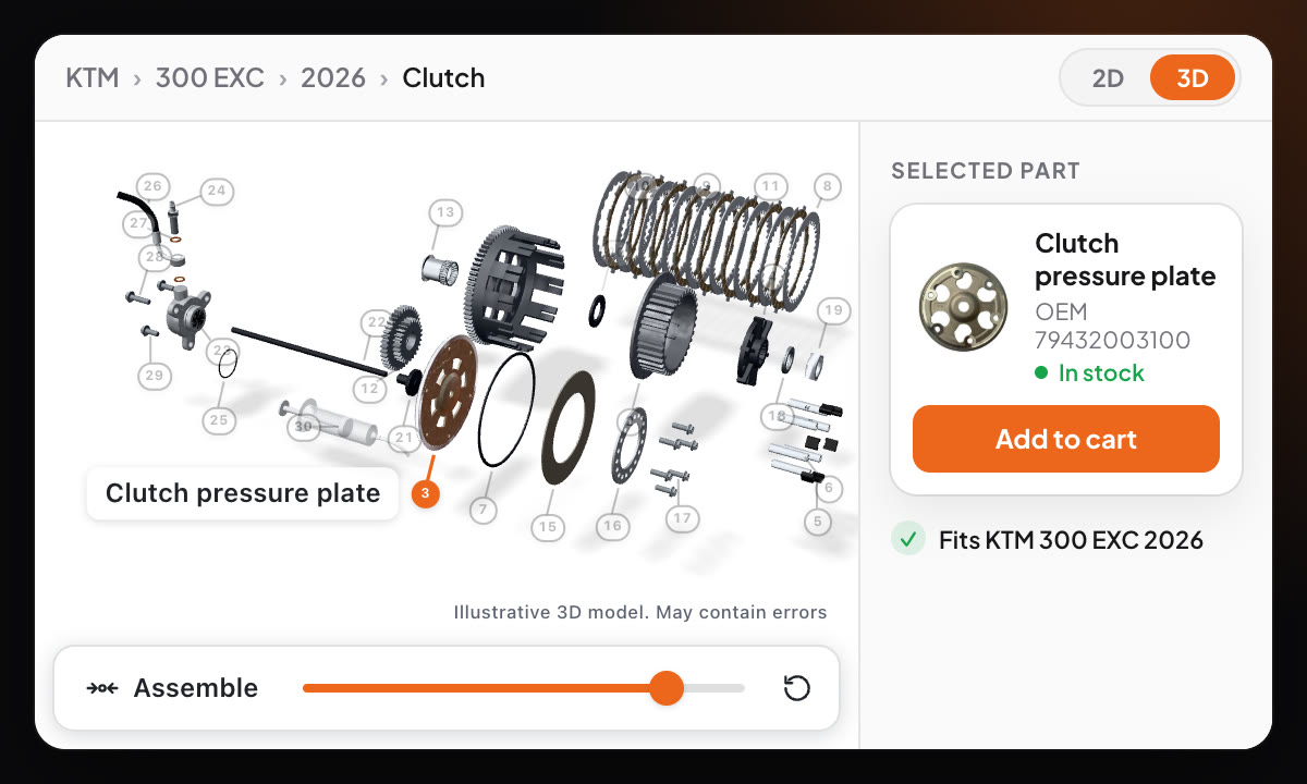 3D KTM parts finder: the KTM 300 EXC 2026 clutch exploded in 3D, with the clutch pressure plate selected, its OEM number, stock and add to cart
